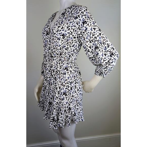 Zara Minidress Medium Leopard Print White Black Gray Ruffled V-Neck 3/4 Sleeve - Picture 5 of 11